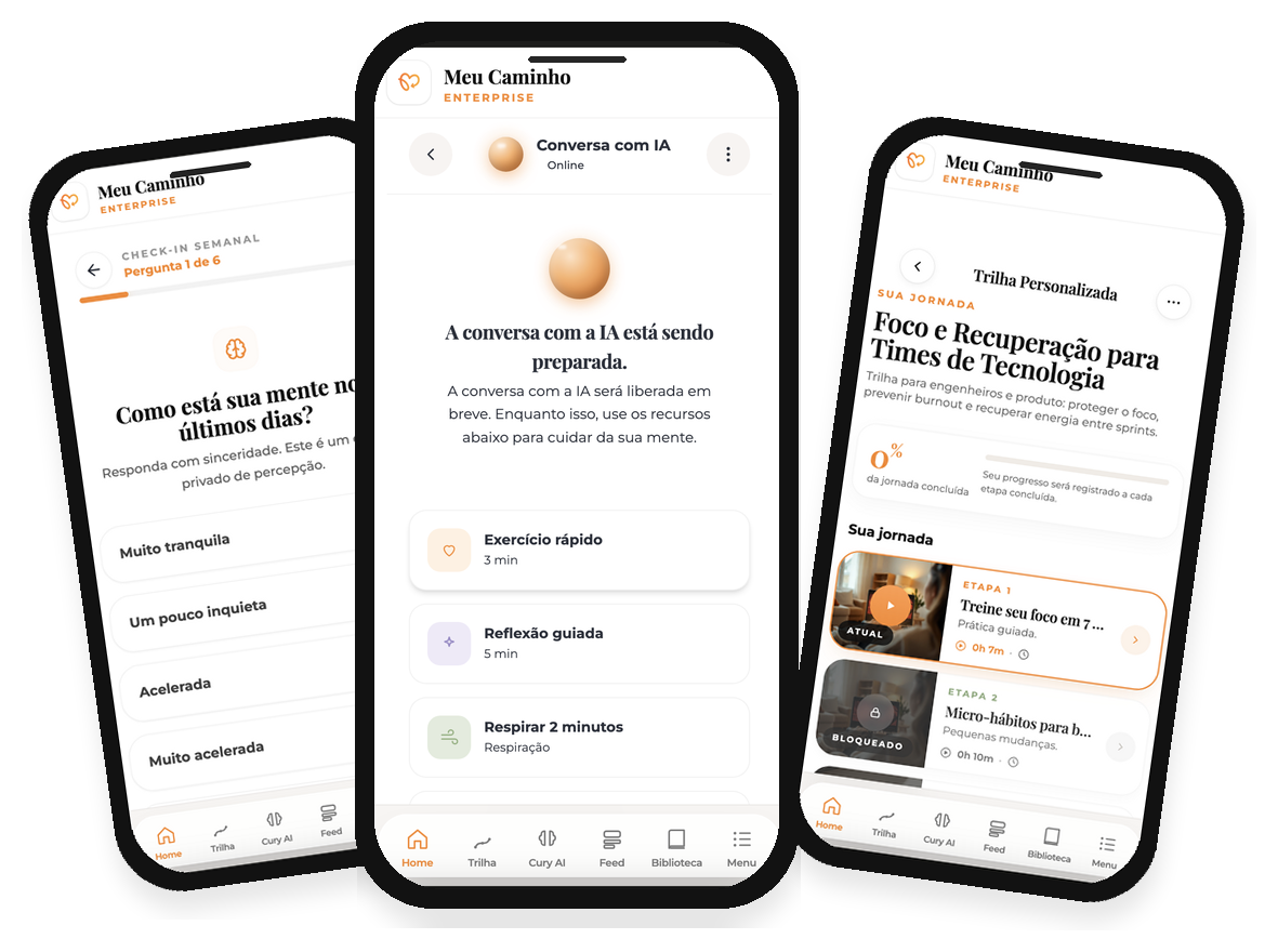 Três telas do app Meu Caminho Enterprise em celulares.