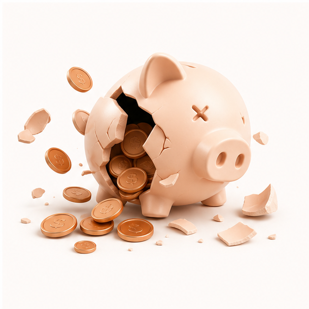 Cofrinho quebrado com moedas saindo do caixa