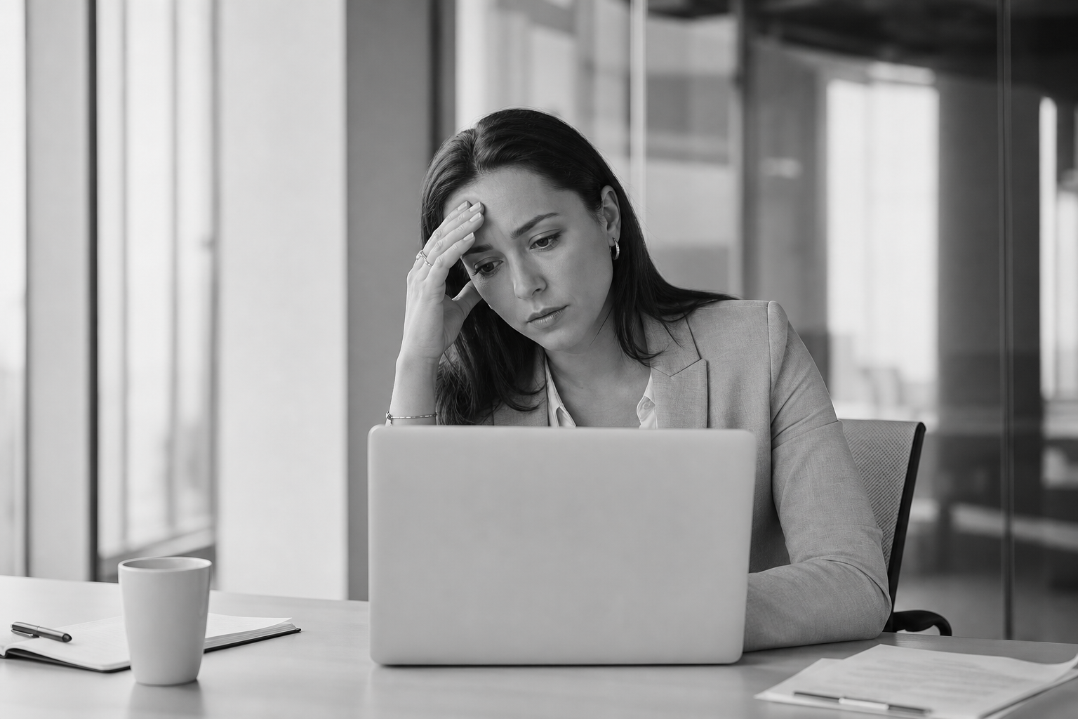Profissional de RH refletindo diante do computador após identificar dificuldades em acompanhar indicadores emocionais.